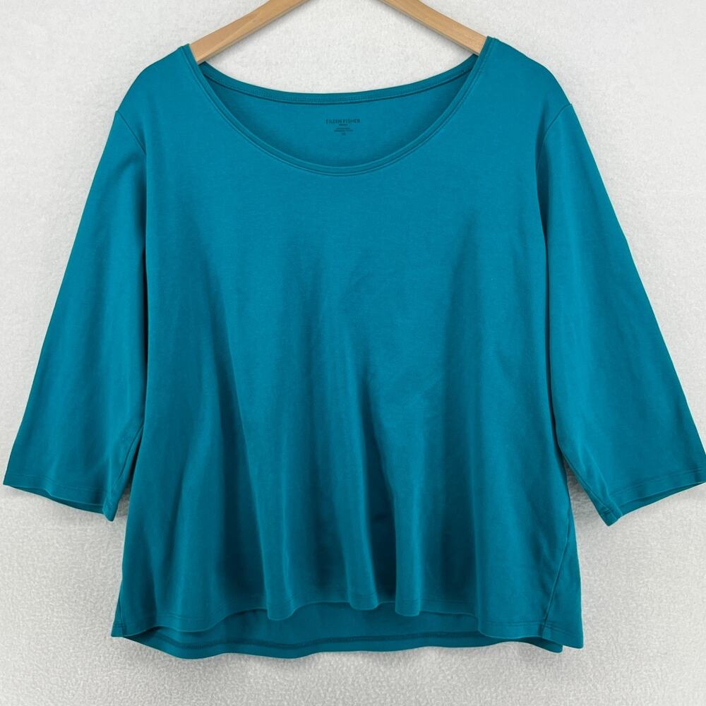 EILEEN FISHER Top 2X Organic Cotton Interlock Jersey Scoop Neck 3/4 Sleeve Blue